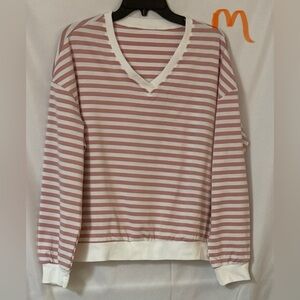 Pink and White Striped V-Neck Sweater